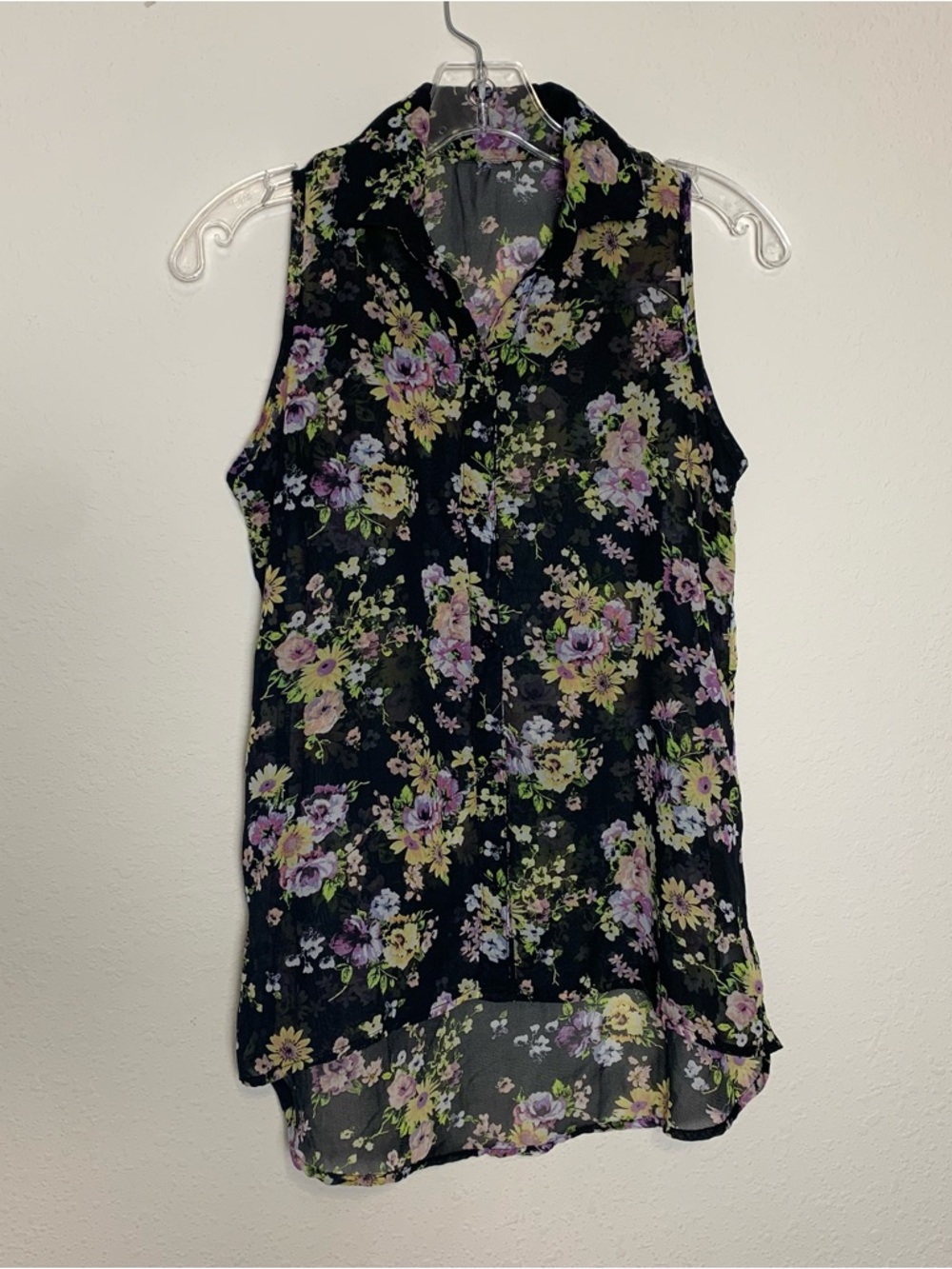 Black Floral Chiffon Sleeveless Button Down High Low Blouse Top